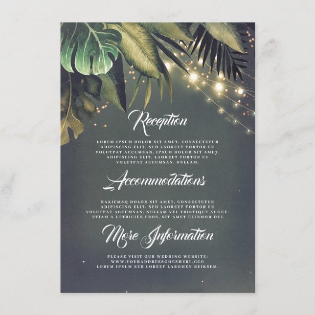 Carte D'accompagnement Palm Feuille String Lights Beach Wedding Détails (Devant)