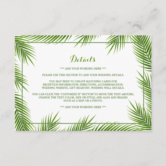 Carte D'accompagnement Palm Feuilles Tropical Beach Wedding Détail (Devant)