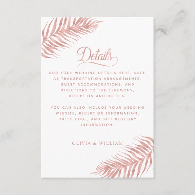 Carte D'accompagnement Palm Leaf Rose Gold White Elegant Wedding Détails (Devant)