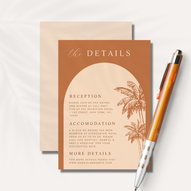 Carte D'accompagnement Palm Tree Boho Beach Terracotta Détails Mariage (Créateur téléchargé)