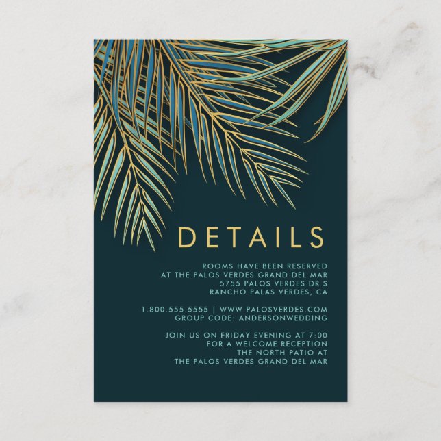 Carte D'accompagnement Palm Tropical moderne Gold Green Beach Mariage (Devant)