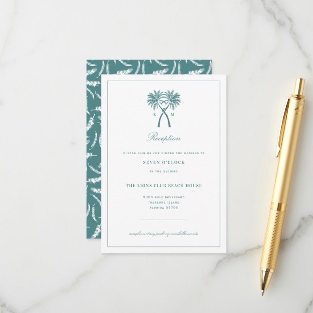 Carte D'accompagnement Palmier noués Réception de mariage tropicale (Devant/Arrière en situation)