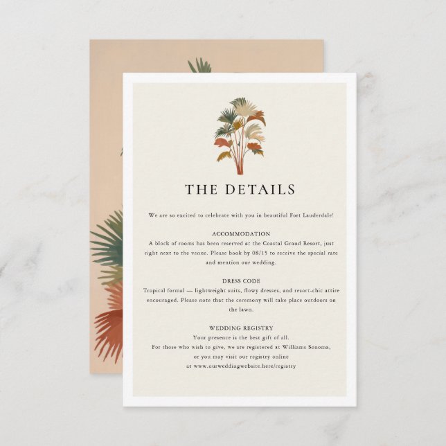 Carte D'accompagnement Palmiers tropicaux Aquarelle Pastel Boho Mariage (Devant / Derrière)