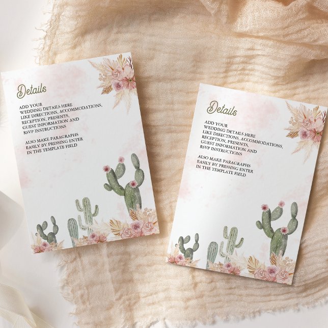 Carte D'accompagnement Pampas Floral Boho Rose Cactus Détails du Mariage (Créateur téléchargé)