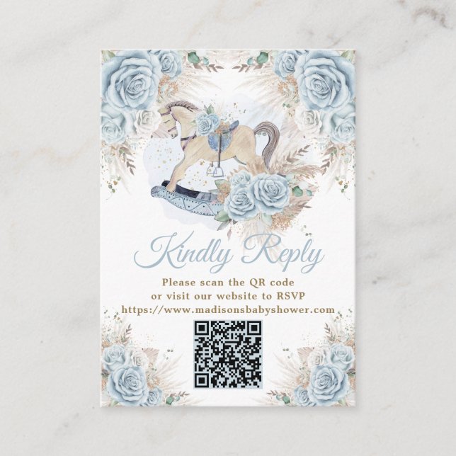 Carte D'accompagnement Pampas Grass Blue Floral Rocse Horse RSVP QR (Devant)