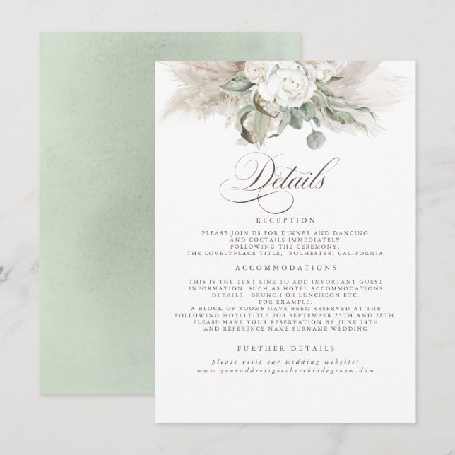 Carte D'accompagnement Pampas Grass Earth Shades Floral Mariage Détails (Devant / Derrière)