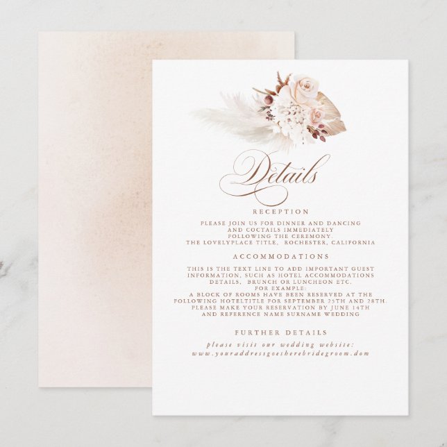 Carte D'accompagnement Pampas Grass Elegant Soft Pastel Détails Mariage (Devant / Derrière)