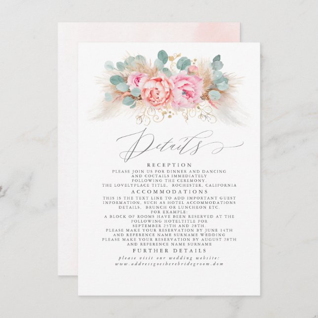 Carte D'accompagnement Pampas rose Floral Grass Détails du Mariage (Devant / Derrière)