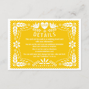 Carte D'accompagnement Papel picado inséparables jaune détails mariage
