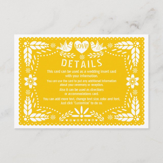 Carte D'accompagnement Papel picado inséparables jaune détails mariage (Devant)