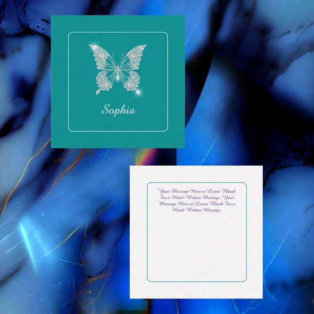 Carte D'accompagnement Papillon Diamant Blanc, Nom du script, Turquoise p (Créateur téléchargé)
