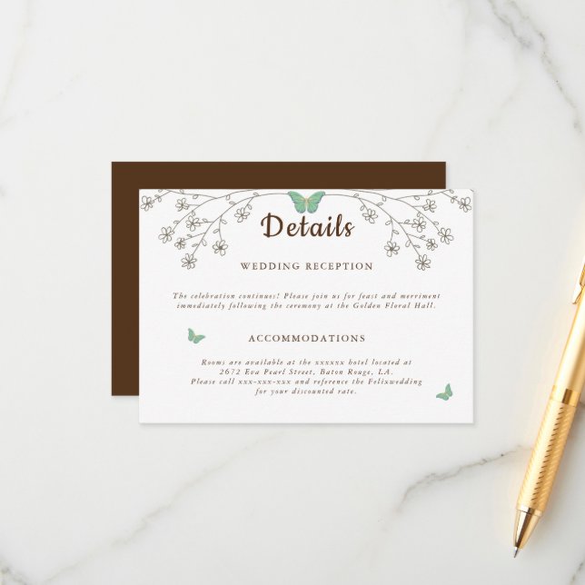 Carte D'accompagnement Papillon élégant en or foncé détail  (Devant/Arrière en situation)