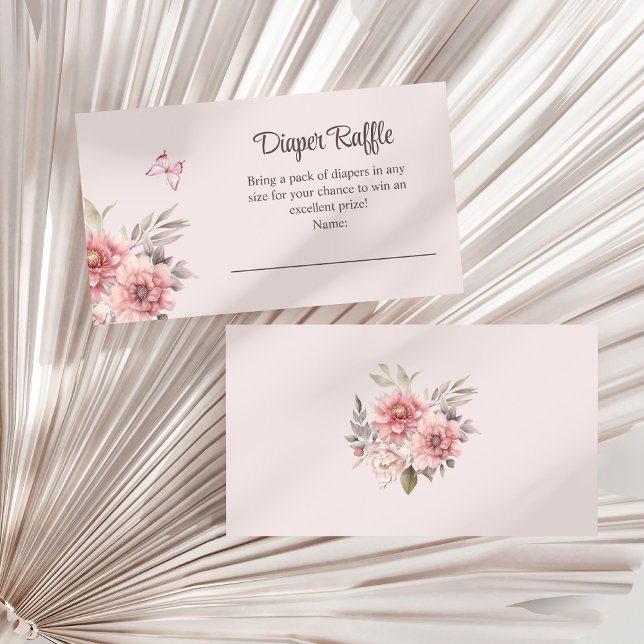 Carte D'accompagnement Papillon et Baby shower de fleurs Déchets (Butterfly and Flower Baby Shower Diaper Raffle Enclosure Card on a white dry palm leaf.)