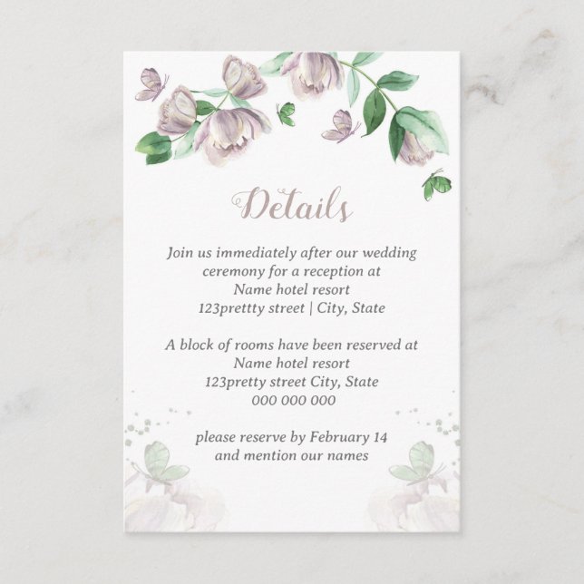 Carte D'accompagnement papillons feuille vert fleurs violettes mariage (Devant)