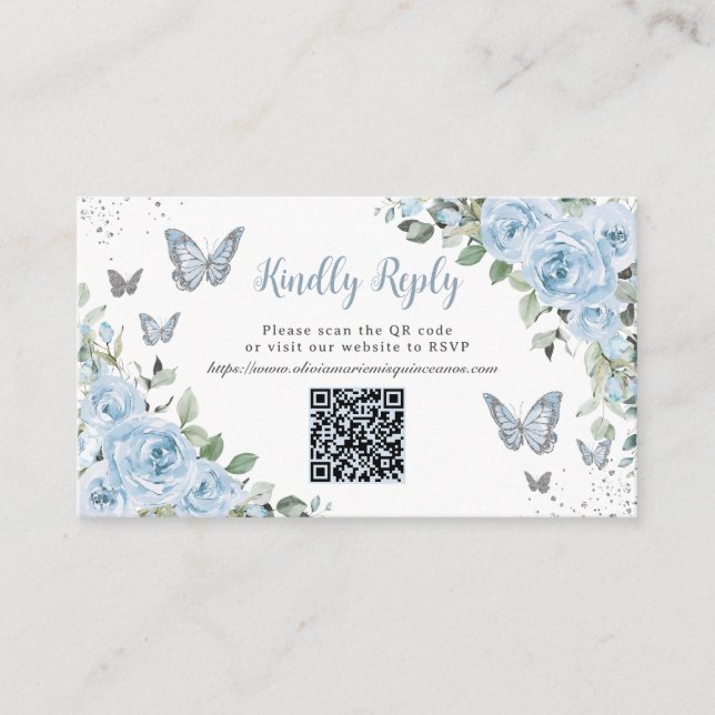 Carte D'accompagnement Papillons Floraux bleus Quinceañera QR Code RSVP (Devant)