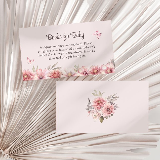 Carte D'accompagnement Papillons roses et livres de jardin fleuri pour bé (Pink Butterfly and Flower Garden Books for Baby Enclosure Card on a white dry palm leaf.)
