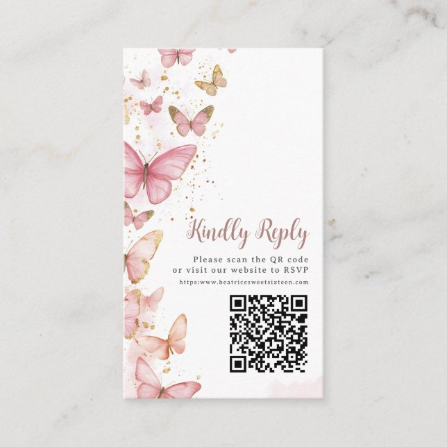 Carte D'accompagnement Papillons roses Sweet sixteen Quinceanera QR RSVP (Devant)