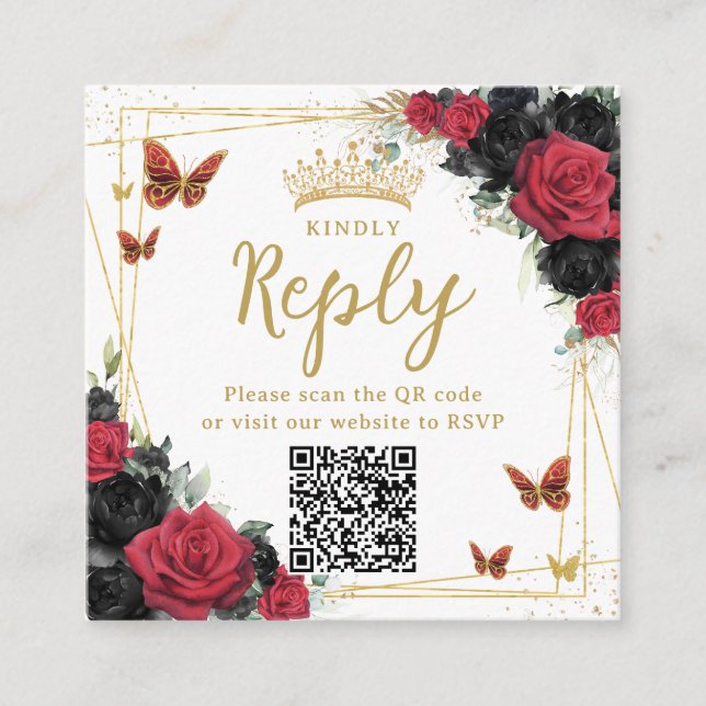 Carte D'accompagnement Papillons rouges et noirs Quinceanera RSVP QR Code (Devant)