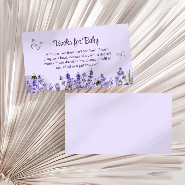 Carte D'accompagnement Papillons violets et livres de jardin de fleurs po (Purple Butterfly and Flower Garden Books for Baby Enclosure Card on a white dry palm leaf.)