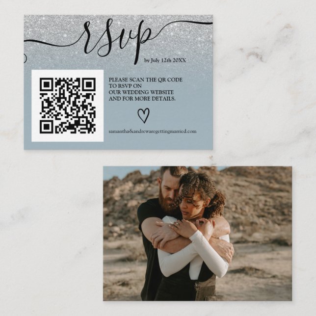 Carte D'accompagnement Parties scintillant argent bleu mariage rsvp Qr co (Devant / Derrière)