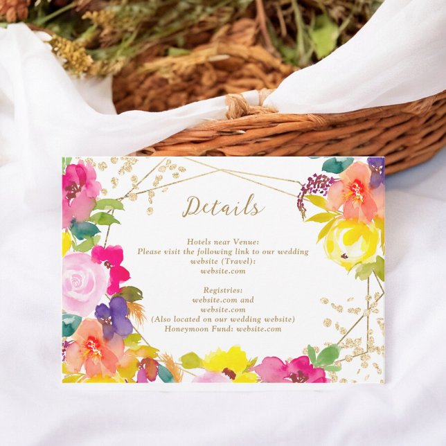 Carte D'accompagnement Parties scintillant d'or boho audacieux fleuri mar (Gold glitter boho bold floral wedding chic details enclosure card)