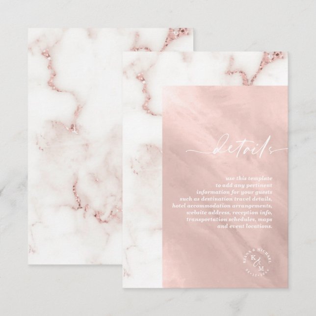 Carte D'accompagnement Parties scintillant en marbre moderne Détails Rose (Devant / Derrière)