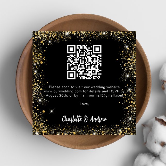 Carte D'accompagnement Parties scintillant en or noir code QR mariage RSV (Créateur téléchargé)