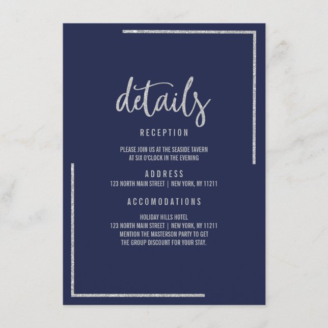 Carte D'accompagnement Parties scintillant moderne bleu marine argent boî (Devant)