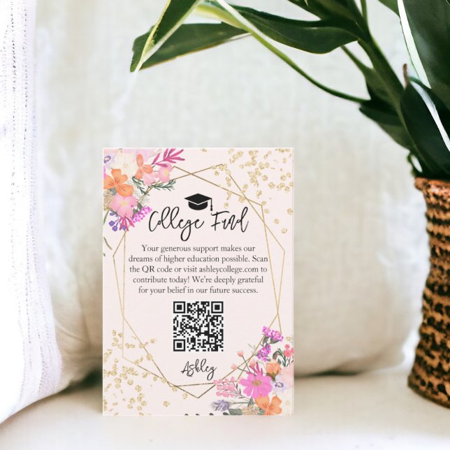 Carte D'accompagnement Parties scintillant or floral aquarelle photo coll (Gold glitter floral watercolor photo college fund enclosure card)