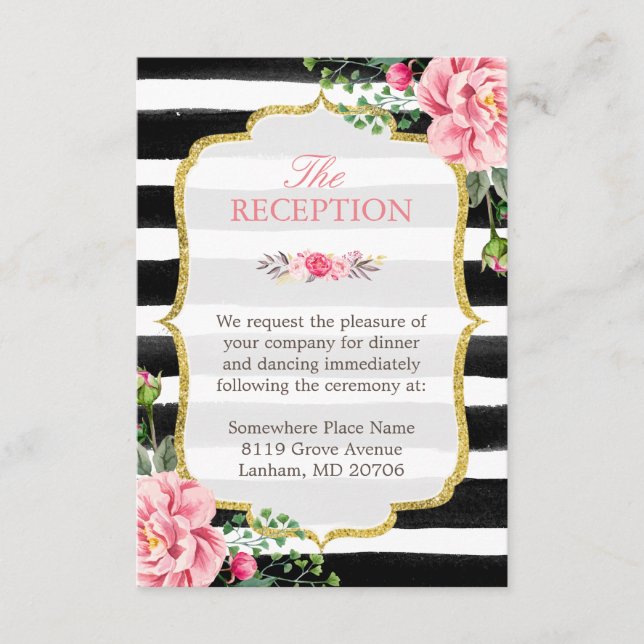 Carte D'accompagnement Parties scintillant rose Floral Or rayures Mariage (Devant)