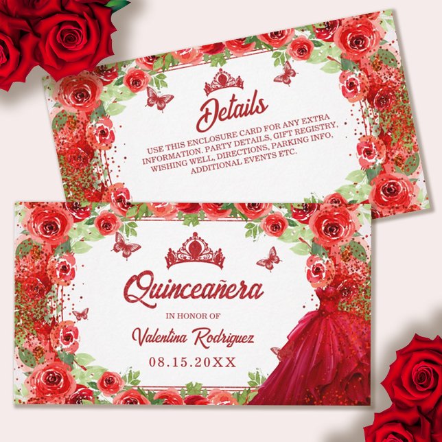 Carte D'accompagnement Parties scintillant rouge éperon floral Quinceaner (Red Glitter Floral Sparkle Quinceanera Enclosure Card)