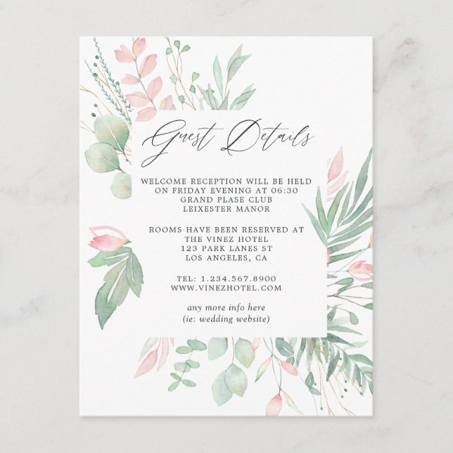 Carte D'accompagnement Pastel Blush Greenery Mariage Détails du client (Devant)