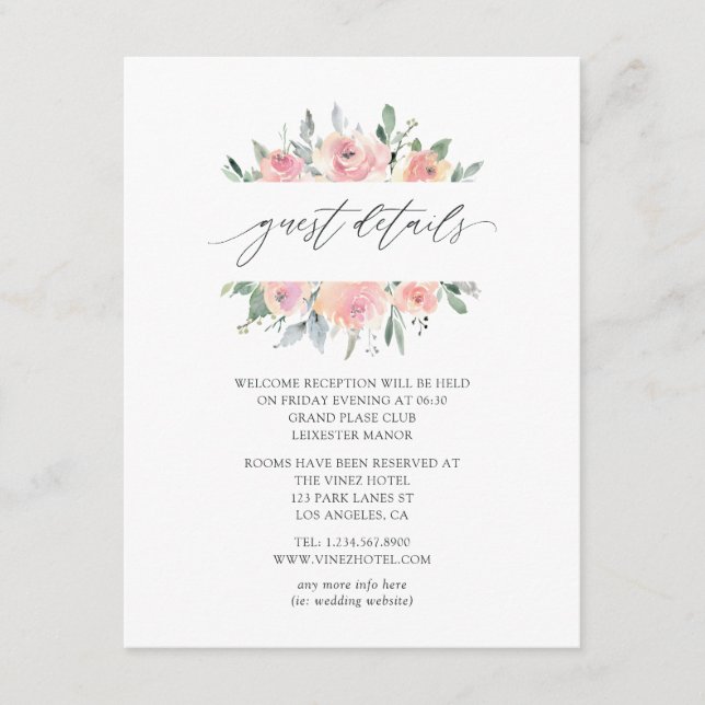 Carte D'accompagnement Pastel Blush Pink Floral Mariage Détails au sujet  (Devant)