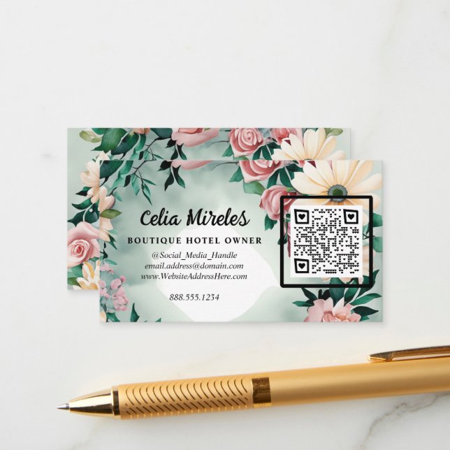 Carte D'accompagnement Pastel Flower Élégance Sage Vert Floral Rose (Devant/Arrière en situation)
