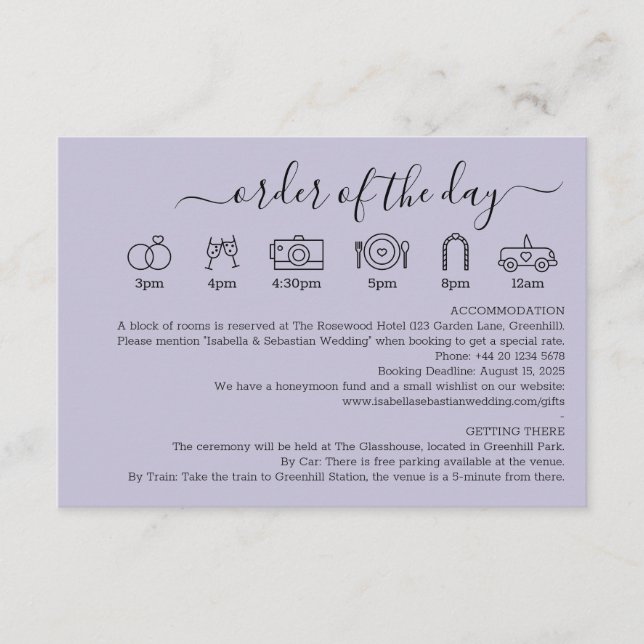 Carte D'accompagnement Pastel Lavender LiWedding Details Order Of The Day (Devant)