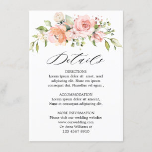 Carte D'accompagnement Pastel Pink Blush Rose Floral Détails Mariage