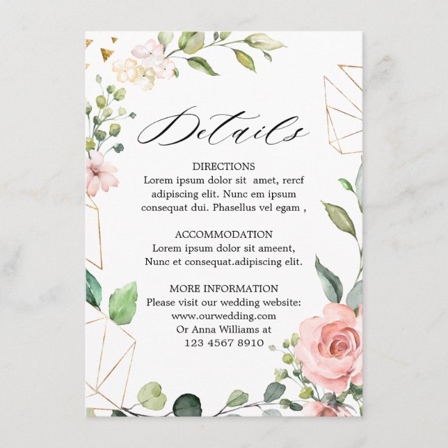Carte D'accompagnement Pastel Pink Blush Rose Floral Détails Mariage (Devant)