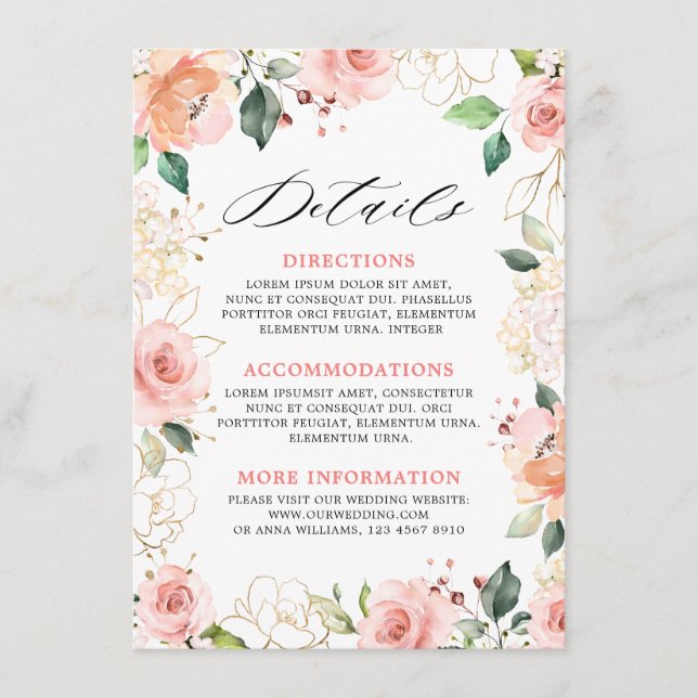Carte D'accompagnement Pastel Pink Blush Rose Floral Détails Mariage (Devant)