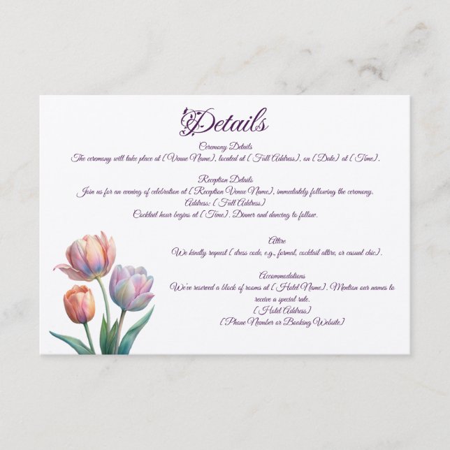 Carte D'accompagnement Pastel Tulip Mariage Suite Typographie élégante (Devant)