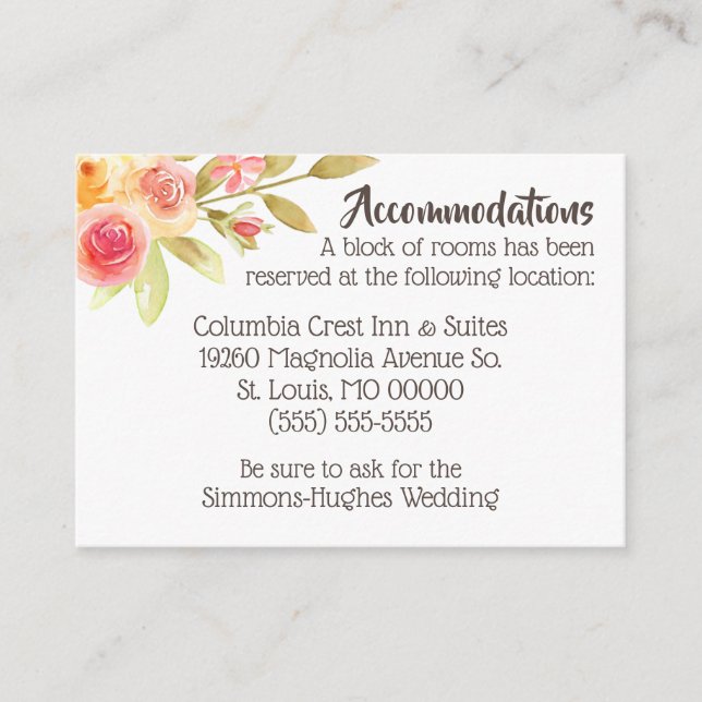 Carte D'accompagnement Pastel Watercolor Florals Mariage Hébergements (Devant)