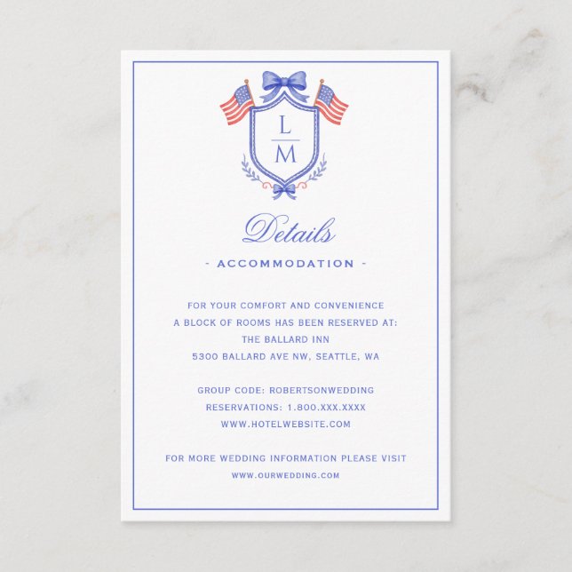 Carte D'accompagnement Patriotic US Flag Crest | Monogram Wedding Details (Devant)