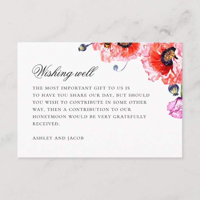 Carte D'accompagnement Pavot aquarelle. Mariage floral rouge qui souhaite (Devant)