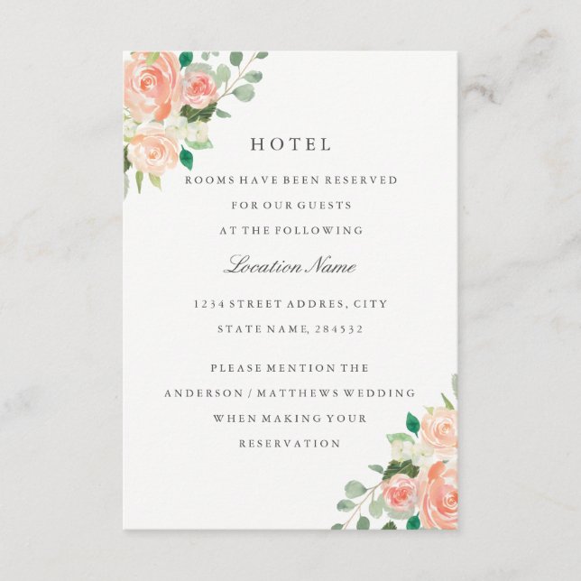 Carte D'accompagnement Peach Blush Floral Mariage Hôtel Hébergement (Devant)