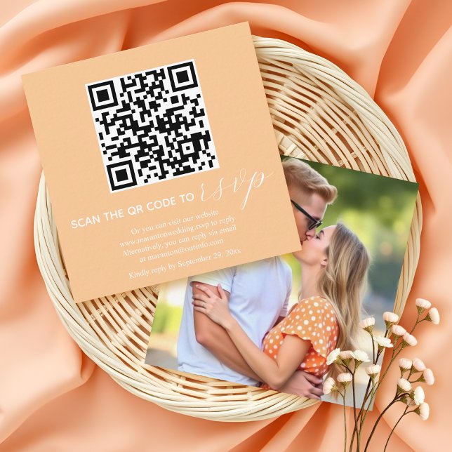 Carte D'accompagnement Peach calligraphy QR code RSVP photo mariage de au (Créateur téléchargé)