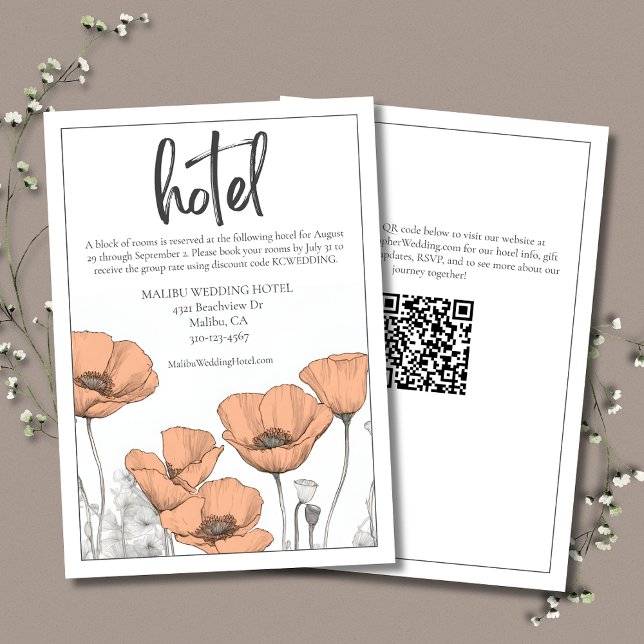 Carte D'accompagnement Peach Elegant Floral Poppies Mariage Hotel (Peach Floral Wedding Hotel Enclosure Card with California Poppies, Modern Typography, and QR Code.)