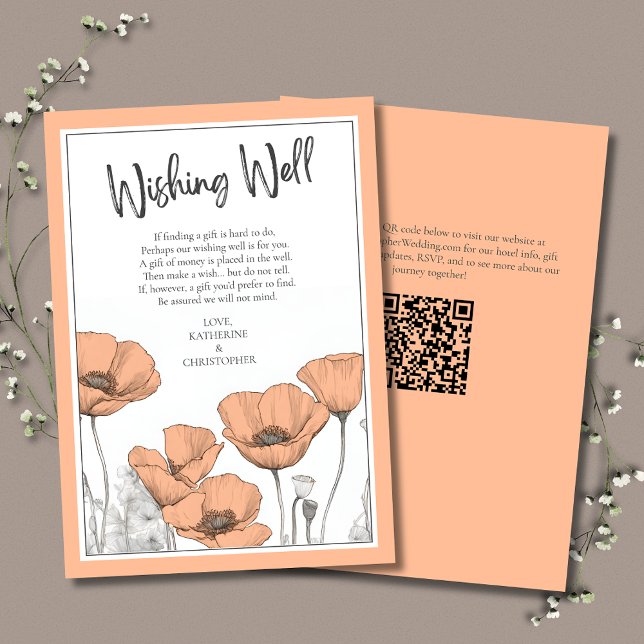 Carte D'accompagnement Peach Poppies Floral Élégant Mariage Souhaite bien (Peach Floral Wishing Well Enclosure Card with California Poppies and Modern Typography.)