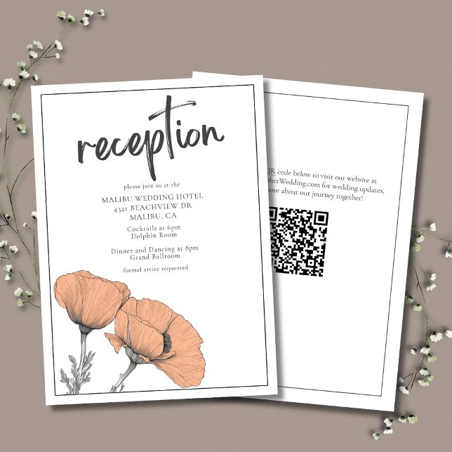 Carte D'accompagnement Peach Poppies Floral Elégante Réception De Mariage (Peach Poppies Elegant Wedding Reception with QR Code for Wedding Website. )