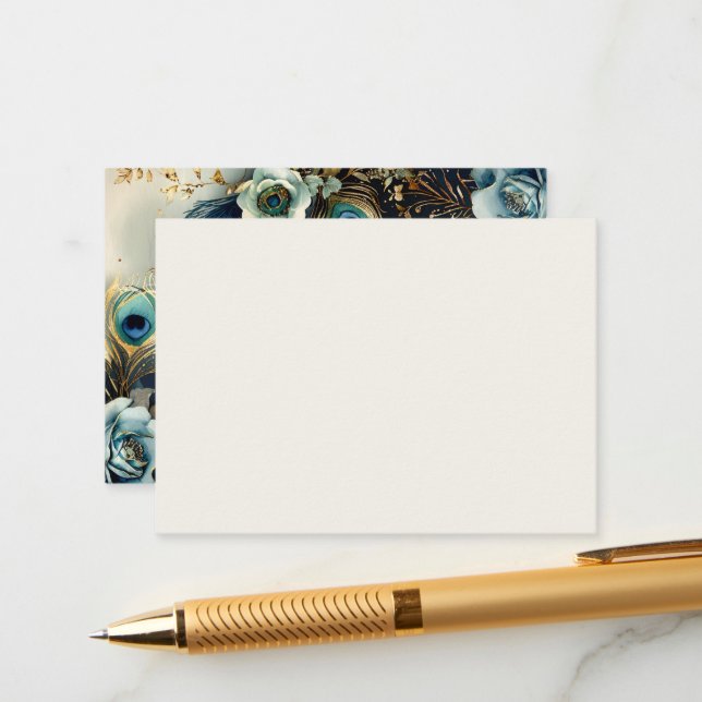 Carte D'accompagnement Peacock Céleste Plumes Mariage élégant (Devant/Arrière en situation)