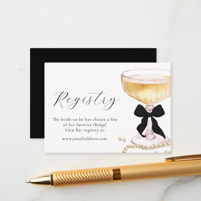 Carte D'accompagnement Pearls Prosecco Black Bow Bridal Shower Registry  (Devant/Arrière en situation)