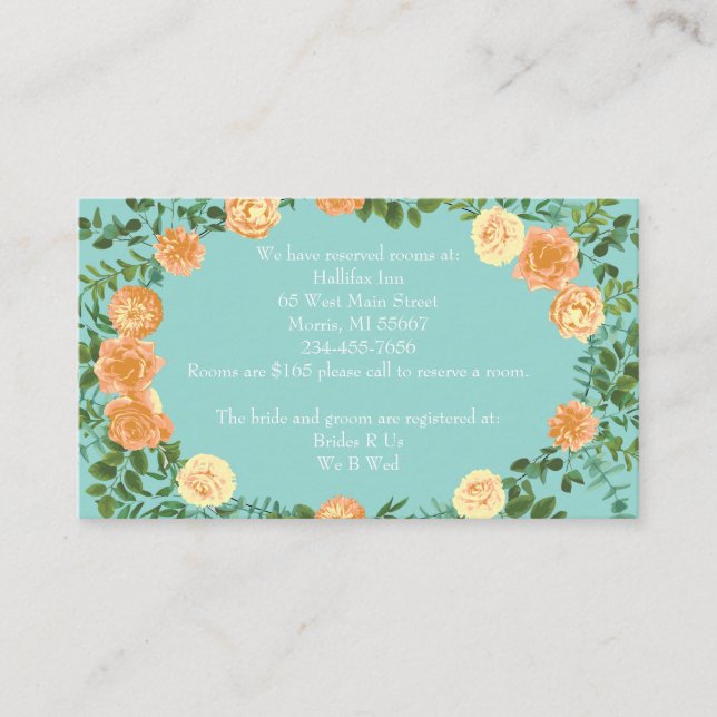 Carte D'accompagnement Pêche Aqua Turquoise Mariage Roses Floral (Devant)